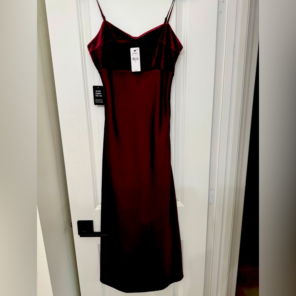 NWT, Satin & velvet wine colored lined silky spaghetti strap dress from Express
